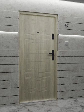 Drzwi wewnątrzklatkowe antywłamaniowe RC3 z Certyfikatem akustyczne wyciszające 47 dB 55 mm stalowe z tłoczeniami z klamką czarną dąb sheffield T34