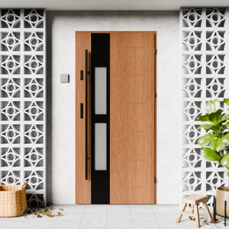 Drzwi zewnętrzne stalowe do domu Anda Black 72mm z antabą/pochwytem energooszczędne Ud=1.3 lustro weneckie szyba mleczna Program Czyste Powietrze