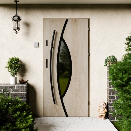Drzwi zewnętrzne stalowe do domu Maestro Black 72mm z antabą/pochwytem energooszczędne Ud=1.3 lustro weneckie szyba mleczna Program Czyste Powietrze