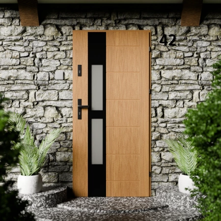 Drzwi zewnętrzne stalowe do domu Anda Black 72mm z klamką czarną energooszczędne Ud=1.3 lustro weneckie szyba mleczna Program Czyste Powietrze