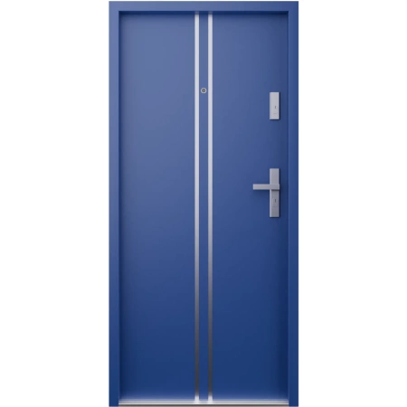 Drzwi wewnątrzklatkowe akustyczne wyciszające 47 dB antywłamaniowe RC3 55 mm stalowe z klamką inox srebrną i aplikacjami niebieskie A7