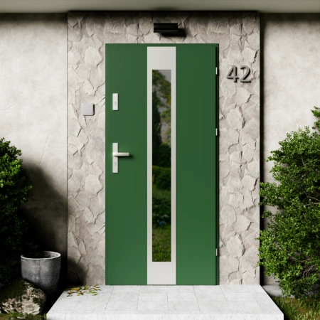 Modern Inox CK drzwi zewnętrzne 72 mm z klamką energooszczędne Ud-1.3 przeszklone lustro weneckie szyba mleczna Program Czyste Powietrze