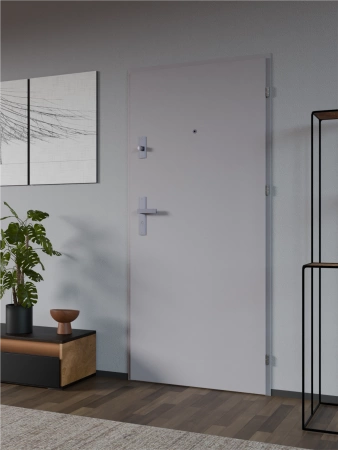 Drzwi wewnątrzklatkowe antywłamaniowe RC3 z Certyfikatem akustyczne wyciszające 47 dB 55 mm stalowe gładkie z klamką inox srebrną szare G00