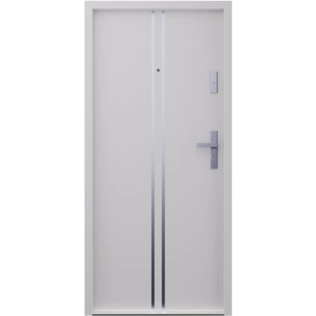 Drzwi klatkowe wejściowe do mieszkania w bloku wygłuszające 47 dB antywłamaniowe RC3 55 mm stalowe z klamką inox srebrną i aplikacjami szare A7