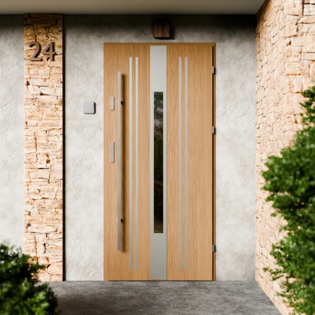 Drzwi zewnętrzne stalowe do domu Elegant Inox 72mm z antabą/pochwytem energooszczędne Ud=1.3 lustro weneckie szyba mleczna Program Czyste Powietrze