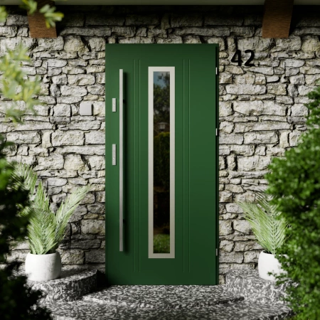 Drzwi zewnętrzne stalowe do domu Presto Inox 72mm z antabą/pochwytem energooszczędne Ud=1.3 lustro weneckie szyba mleczna Program Czyste Powietrze