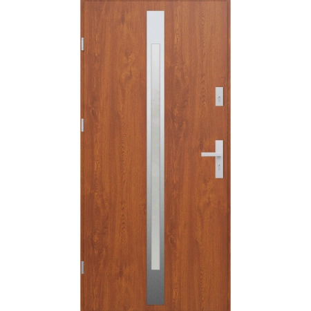 Drzwi zewnętrzne do domu stalowo aluminiowe 68 mm z szybą i okuciami inox ATU68 złoty dąb Program Czyste Powietrze M505