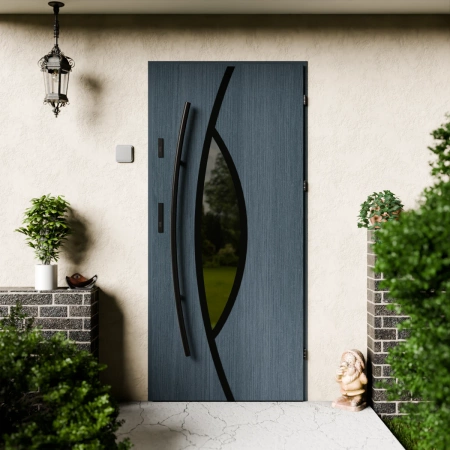 Drzwi zewnętrzne stalowe do domu Maestro Black 72mm z antabą/pochwytem energooszczędne Ud=1.3 lustro weneckie szyba mleczna Program Czyste Powietrze