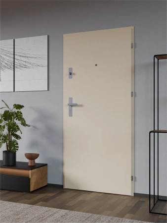 Drzwi wewnątrzklatkowe antywłamaniowe RC3 z Certyfikatem akustyczne wyciszające 47 dB 55 mm stalowe gładkie z klamką inox srebrną beżowe G00