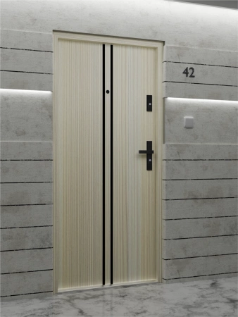 Drzwi wewnątrzklatkowe antywłamaniowe RC3 z Certyfikatem akustyczne wyciszające 47 dB 55 mm stalowe z klamką czarną i aplikacjami dąb bielony A7