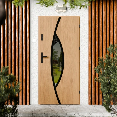 Drzwi zewnętrzne stalowe do domu Maestro Black 72mm z klamką czarną energooszczędne Ud=1.3 lustro weneckie szyba mleczna Program Czyste Powietrze