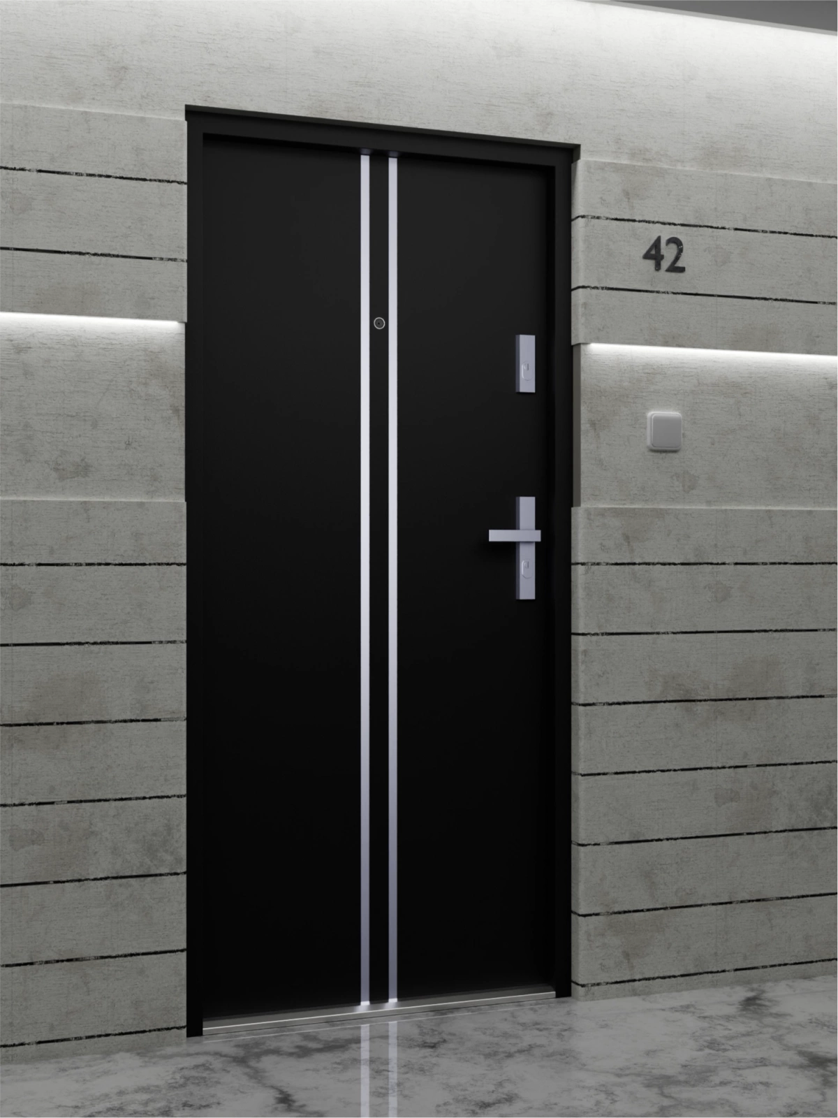 Drzwi wewnątrzklatkowe antywłamaniowe w klasie RC4 55 mm stalowe z klamką i zawiasami srebrnymi inox czarne A7