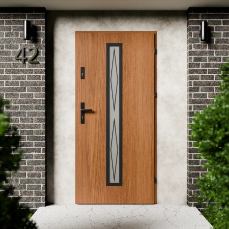 Drzwi zewnętrzne stalowe do domu Witro Black 72mm z klamką czarną energooszczędne Ud=1.3 szyba z nadrukiem ceramicznym Program Czyste Powietrze