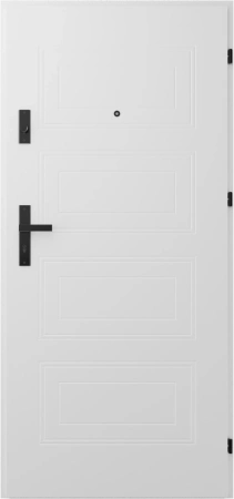 Drzwi wewnątrzklatkowe antywłamaniowe RC3 z Certyfikatem akustyczne wyciszające 47 dB 55 mm stalowe z tłoczeniami z klamką czarną białe struktura T34