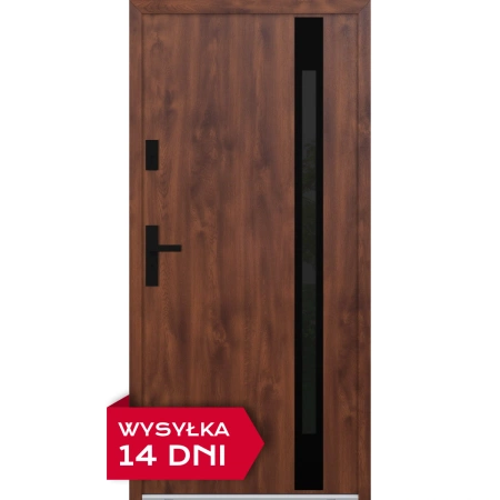Drzwi zewnętrzne do domu stalowo aluminiowe 68 mm z szybą i klamką czarną ATU68 orzech Program Czyste Powietrze M524