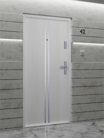 Drzwi wewnątrzklatkowe antywłamaniowe w klasie RC4 55 mm stalowe z klamką i zawiasami srebrnymi inox biały drewnopodobny A7
