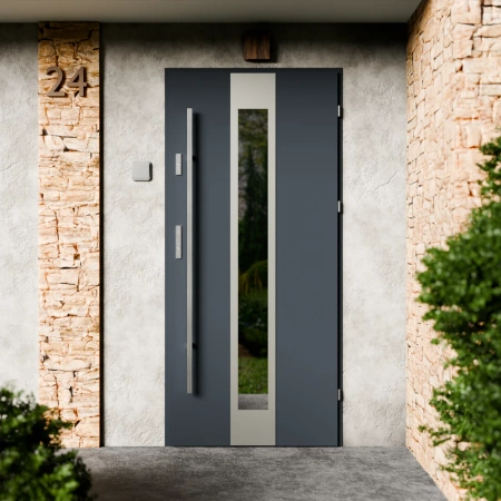 Drzwi zewnętrzne stalowe do domu Modern Inox 72mm z antabą/pochwytem energooszczędne Ud=1.3 lustro weneckie szyba mleczna Program Czyste Powietrze