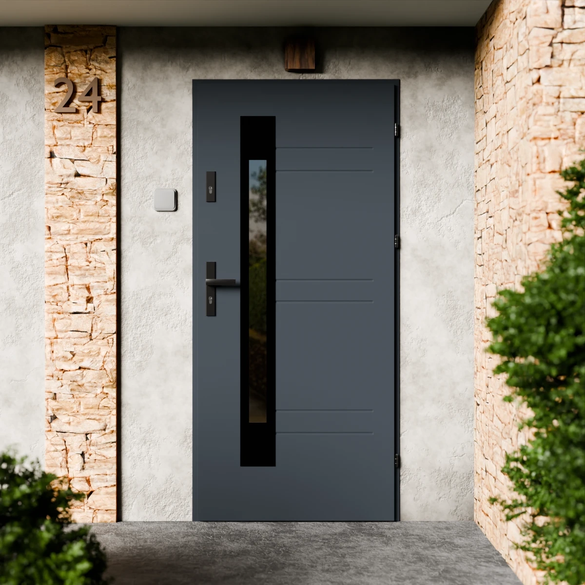Drzwi zewnętrzne stalowe do domu Weno Black 72mm z klamką czarną energooszczędne Ud=1.3 lustro weneckie szyba mleczna Program Czyste Powietrze