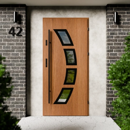 Drzwi zewnętrzne stalowe do domu Cinea Black 72mm z antabą/pochwytem energooszczędne Ud=1.3 lustro weneckie szyba mleczna Program Czyste Powietrze