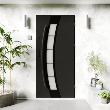 Drzwi zewnętrzne stalowe do domu Efekta Black 72mm z antabą/pochwytem energooszczędne Ud=1.3 lustro weneckie szyba mleczna Program Czyste Powietrze