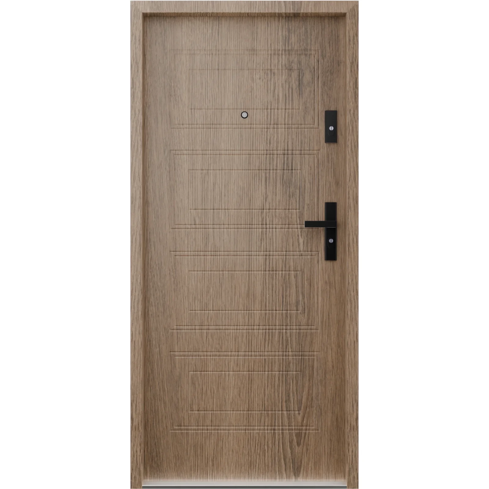 Ekonomiczne drzwi wewnątrzklatkowe wejściowe do mieszkania z klatki schodowej 55 mm stalowe dąb trufla T34