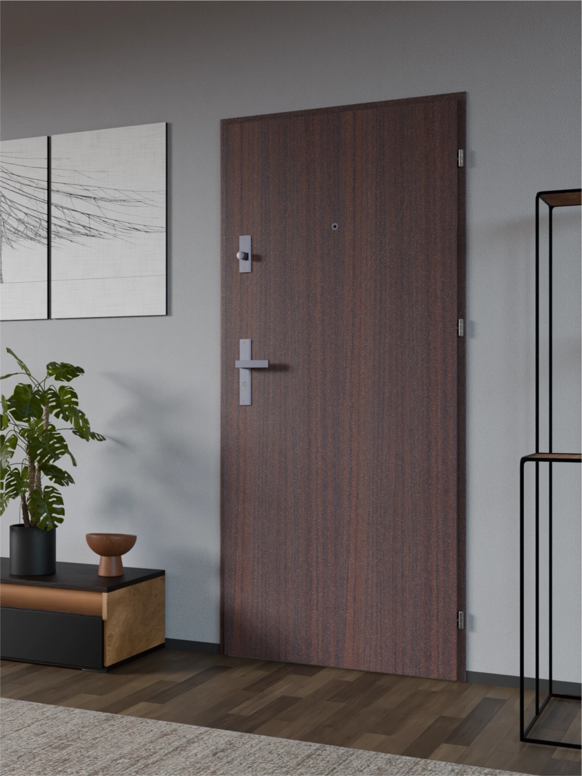 Ekonomiczne drzwi wewnątrzklatkowe wejściowe do mieszkania z klatki schodowej 55 mm stalowe mahoń A7