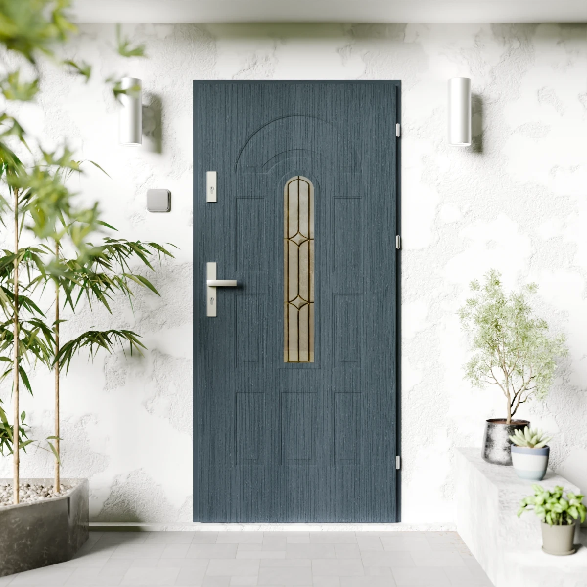 Drzwi zewnętrzne stalowe do domu Retro Inox 72mm z klamką srebrną energooszczędne Ud=1.3 z szybą Program Czyste Powietrze