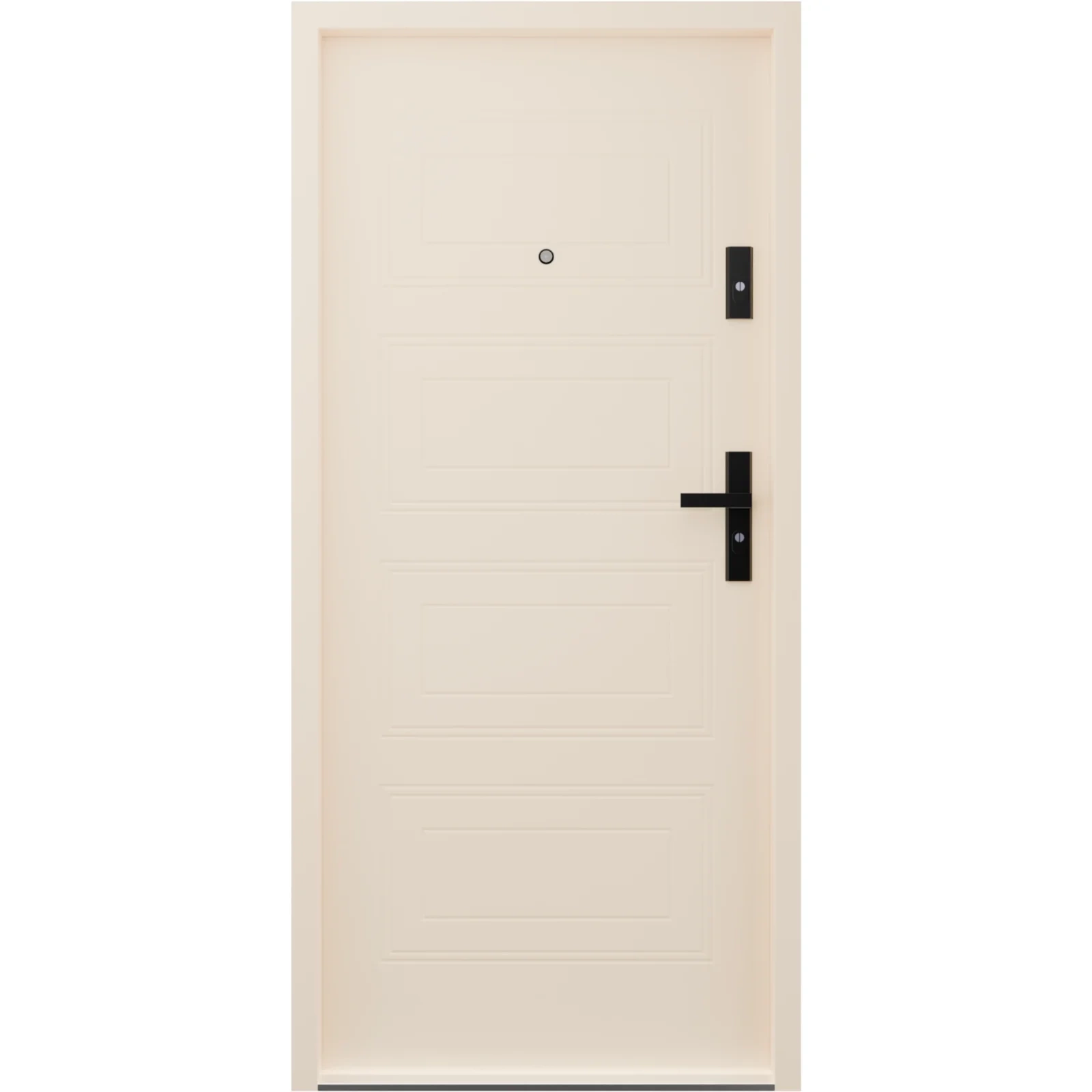 Drzwi klatkowe wejściowe do mieszkania w bloku wygłuszające 47 dB antywłamaniowe RC3 55 mm stalowe z tłoczeniami i klamką czarną beżowe T34