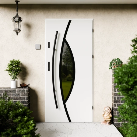 Drzwi zewnętrzne stalowe do domu Maestro Black 72mm z antabą/pochwytem energooszczędne Ud=1.3 lustro weneckie szyba mleczna Program Czyste Powietrze
