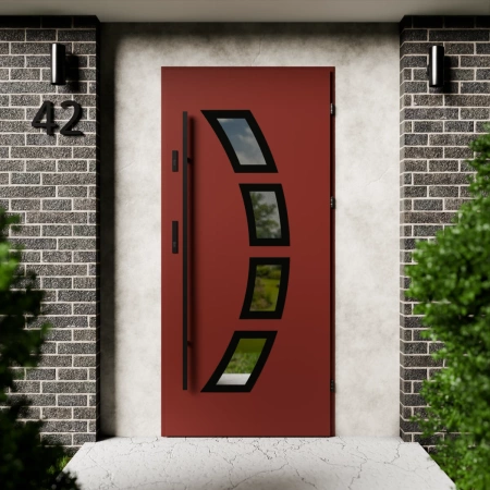 Drzwi zewnętrzne stalowe do domu Cinea Black 72mm z antabą/pochwytem energooszczędne Ud=1.3 lustro weneckie szyba mleczna Program Czyste Powietrze