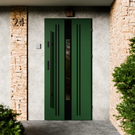 Drzwi zewnętrzne stalowe do domu Elegant Black 72mm z antabą/pochwytem energooszczędne Ud=1.3 lustro weneckie szyba mleczna Program Czyste Powietrze