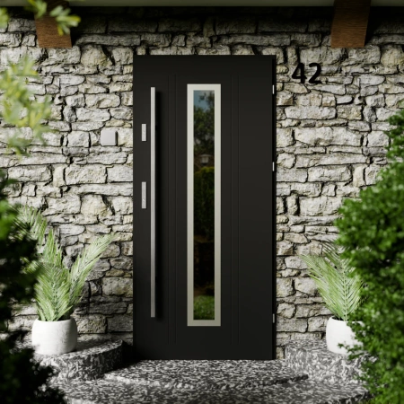 Drzwi zewnętrzne stalowe do domu Presto Inox 72mm z antabą/pochwytem energooszczędne Ud=1.3 lustro weneckie szyba mleczna Program Czyste Powietrze