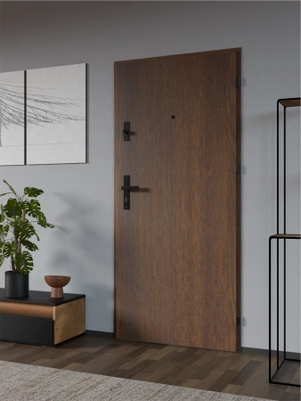 Drzwi wewnątrzklatkowe antywłamaniowe RC3 z Certyfikatem akustyczne wyciszające 47 dB 55 mm stalowe z klamką czarną i aplikacjami orzech A7