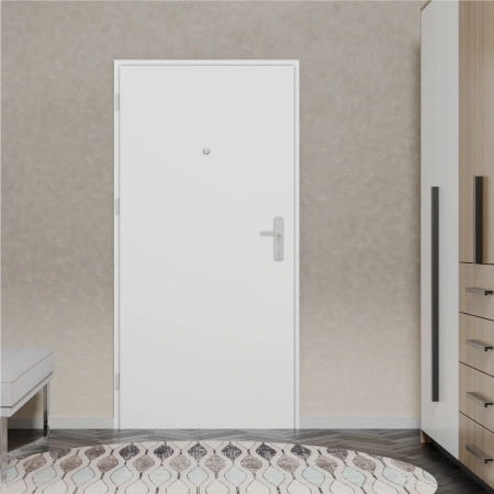 Drzwi wewnątrzklatkowe akustyczne 44 dB z Certyfikatem wyciszające stalowe antywłamaniowe RC3 68 mm dymoszczelne białe M02