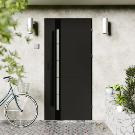 Drzwi zewnętrzne stalowe do domu Toreno Black 72mm z antabą/pochwytem energooszczędne Ud=1.3 lustro weneckie szyba mleczna Program Czyste Powietrze