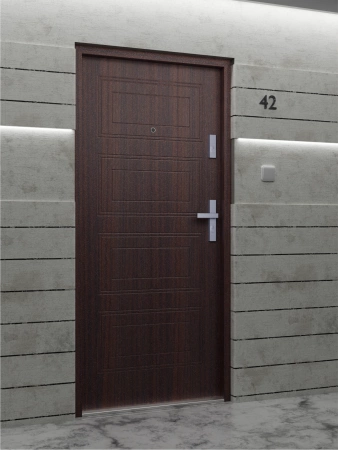 Drzwi wewnątrzklatkowe antywłamaniowe w klasie RC4 55 mm stalowe z klamką i zawiasami srebrnymi inox mahoń T34