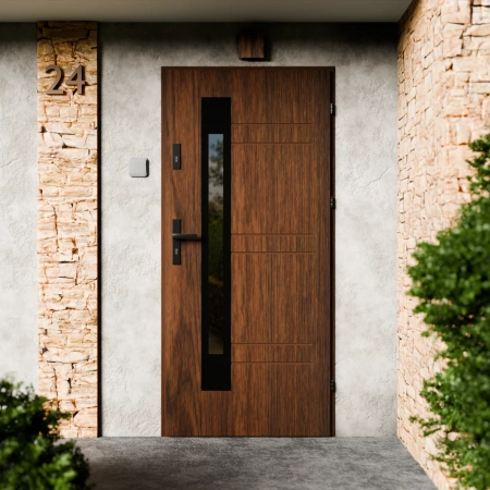 Drzwi zewnętrzne stalowe do domu Weno Black 72mm z klamką czarną energooszczędne Ud=1.3 lustro weneckie szyba mleczna Program Czyste Powietrze