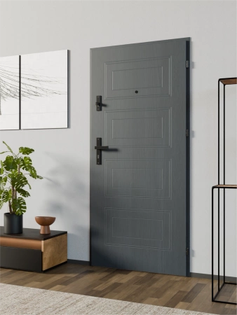 Drzwi wewnątrzklatkowe akustyczne wyciszające 47 dB antywłamaniowe RC3 55 mm stalowe z tłoczeniami z klamką czarną antracyt drewnopodobny T34