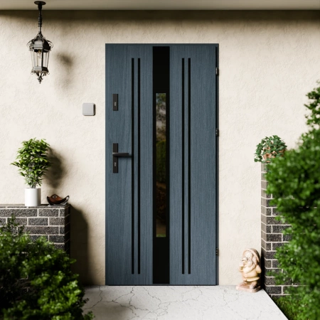 Drzwi zewnętrzne stalowe do domu Elegant Black 72mm z klamką czarną energooszczędne Ud=1.3 lustro weneckie szyba mleczna Program Czyste Powietrze