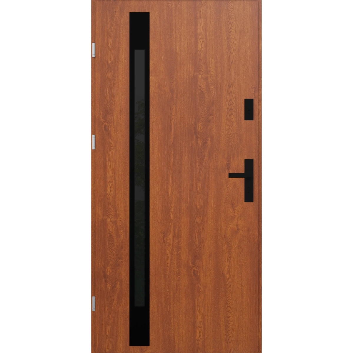 Drzwi zewnętrzne do domu stalowo aluminiowe 68 mm z szybą i czarnymi okuciami ATU68 złoty dąb Program Czyste Powietrze M524