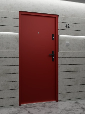 Drzwi wewnątrzklatkowe antywłamaniowe RC3 z Certyfikatem akustyczne wyciszające 47 dB 55 mm stalowe gładkie z klamką czarną czerwone G00