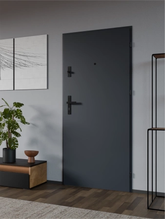 Drzwi wewnątrzklatkowe antywłamaniowe RC3 z Certyfikatem akustyczne wyciszające 47 dB 55 mm stalowe gładkie z klamką czarną antracyt db703 G00