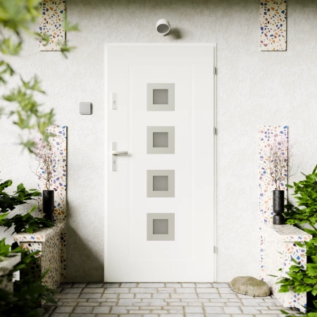 Drzwi zewnętrzne stalowe do domu Quarto Inox 72mm z klamką energooszczędne Ud=1.3 reflex brązowy i szary szyba mleczna Program Czyste Powietrze