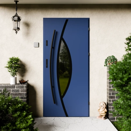 Drzwi zewnętrzne stalowe do domu Maestro Black 72mm z antabą/pochwytem energooszczędne Ud=1.3 lustro weneckie szyba mleczna Program Czyste Powietrze