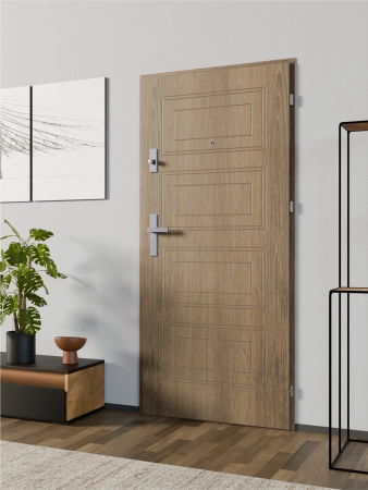 Drzwi wewnątrzklatkowe antywłamaniowe RC3 z Certyfikatem akustyczne wyciszające 47 dB 55 mm stalowe z tłoczeniami z klamką inox srebrną dąb trufla T34