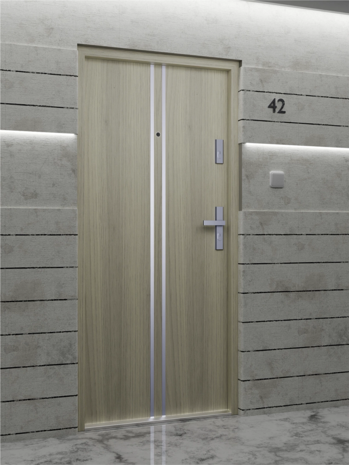 Drzwi wewnątrzklatkowe antywłamaniowe w klasie RC4 55 mm stalowe z klamką i zawiasami srebrnymi inox dąb sheffield A7