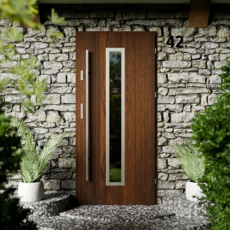 Drzwi zewnętrzne stalowe do domu Presto Inox 72mm z antabą/pochwytem energooszczędne Ud=1.3 lustro weneckie szyba mleczna Program Czyste Powietrze