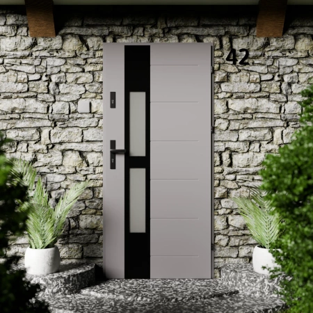 Drzwi zewnętrzne stalowe do domu Anda Black 72mm z klamką czarną energooszczędne Ud=1.3 lustro weneckie szyba mleczna Program Czyste Powietrze