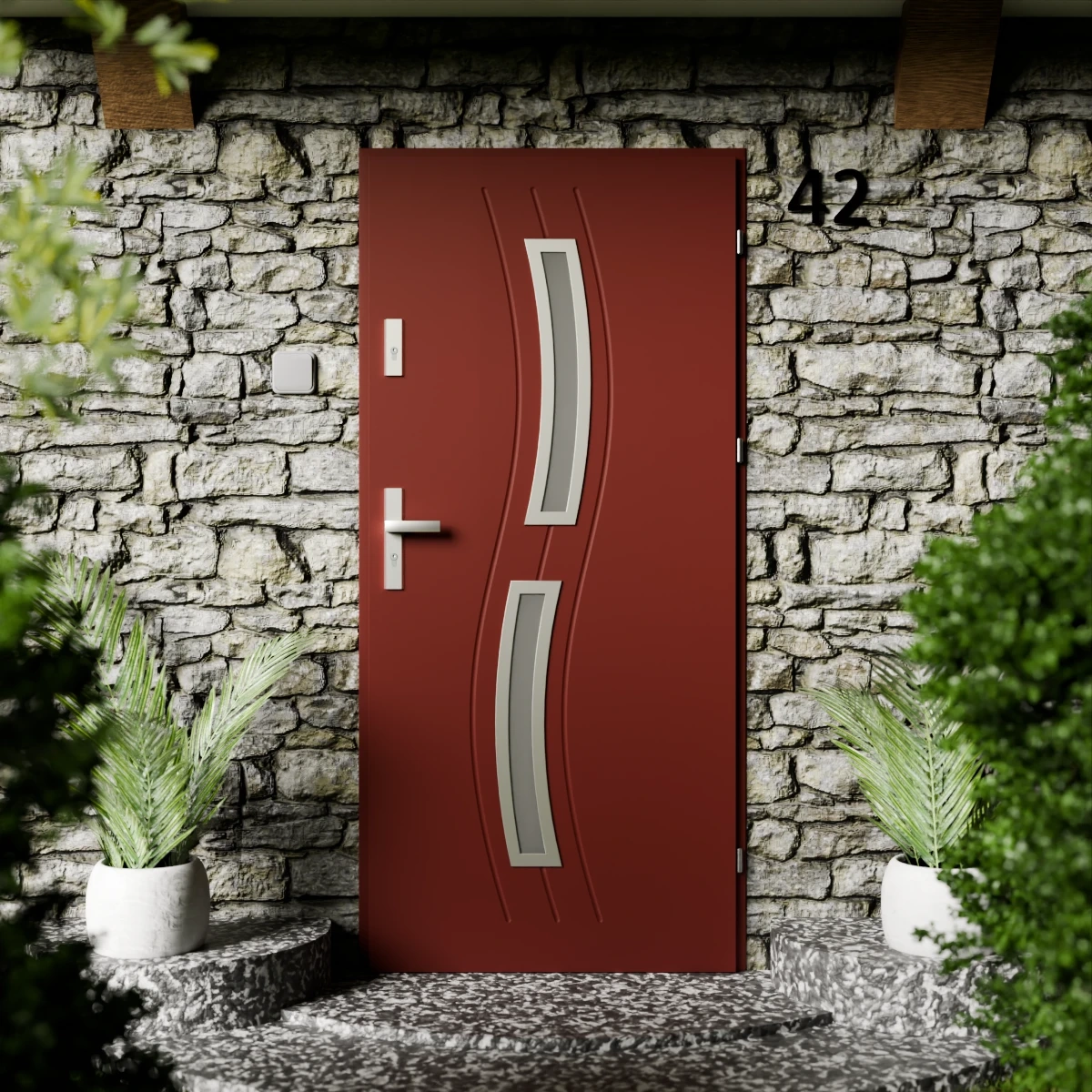 Drzwi zewnętrzne stalowe do domu Twista Inox 72mm z klamką energooszczędne Ud=1.3 lustro weneckie szyba mleczna Program Czyste Powietrze