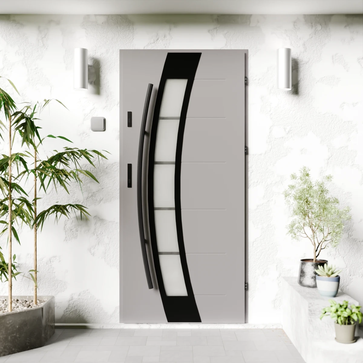 Drzwi zewnętrzne stalowe do domu Efekta Black 72mm z antabą/pochwytem energooszczędne Ud=1.3 lustro weneckie szyba mleczna Program Czyste Powietrze